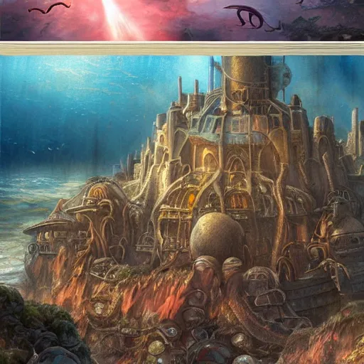 Image similar to A beautiful hyper realistic detailed matte painting of a octopus- and war-ravaged underwater city and a humongous red-glow-eyed whale battling between violent waves, by andreas rocha and john howe, and Martin Johnson Heade, featured on artstation, featured on behance, Atlantis, deep sea fish, wonderful, underwater landscape, golden ratio, ultrawide angle, f32, well composed, cohesive