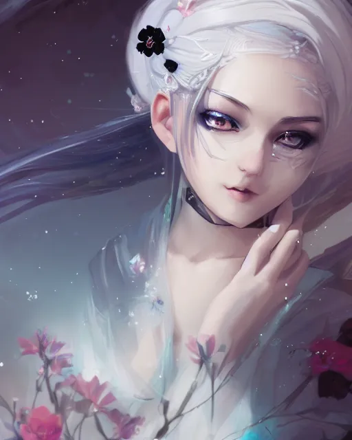 Image similar to girl with white hair and black skirt, flower decorations, dreamy, beautiful illustration, scifi, atmosphere, top lighting, blue eyes, perfect composition, smooth, artstation, highly detailed, art by yuhong ding and chengwei pan