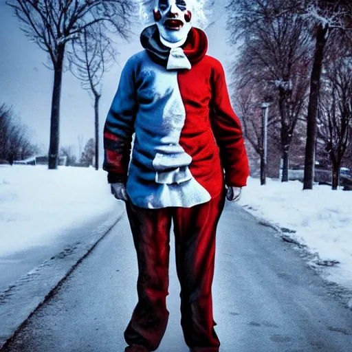 Image similar to scary clown stands in the street in winter, high quality, digital art, 8K, HD, photorealistic, realistic,