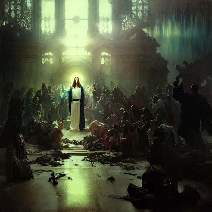 Prompt: the second coming of jesus christ, intricate concept art, ethereal, ominous, dramatic lighting, Ruan Jia and Jeremy Mann and Alphonse Mucha