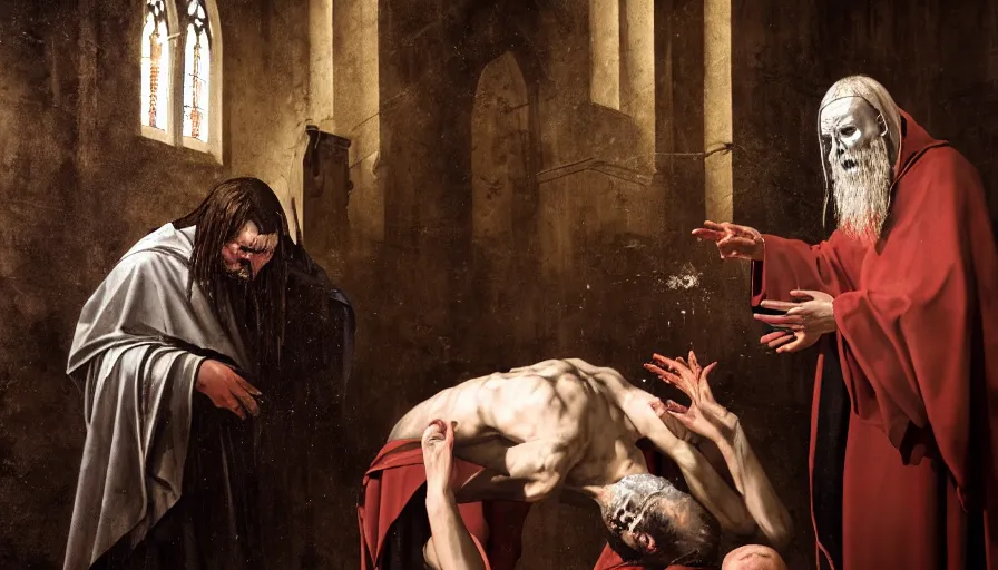 Prompt: dark rotting priest conducts rite of baptism, destroyed church, blood, crosses, religion, death, fear, horror, ultra realistic, hyperrealism, perfect faces, fine details, detailed and intricate environment, by stephan koldi, by gigger, by caravaggio, 4 k