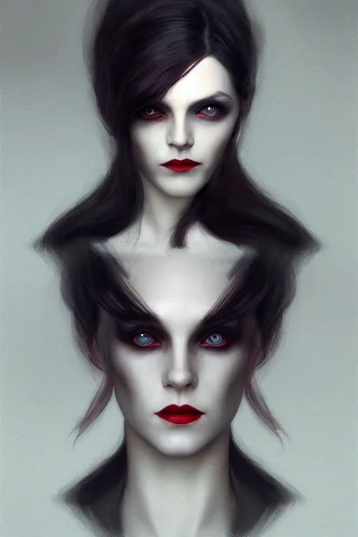 Image similar to a photorealistically painted portrait of lady vampire, dressed in a suit, perfectly symmetric face!!!, beautiful eyes!!, digital painting, concept art, minimal artifacts, volumetric lighting, Artgerm and William-Adolphe Bouguerea, in the style of Tom Bagshaw, trending on Artstation, award winning art