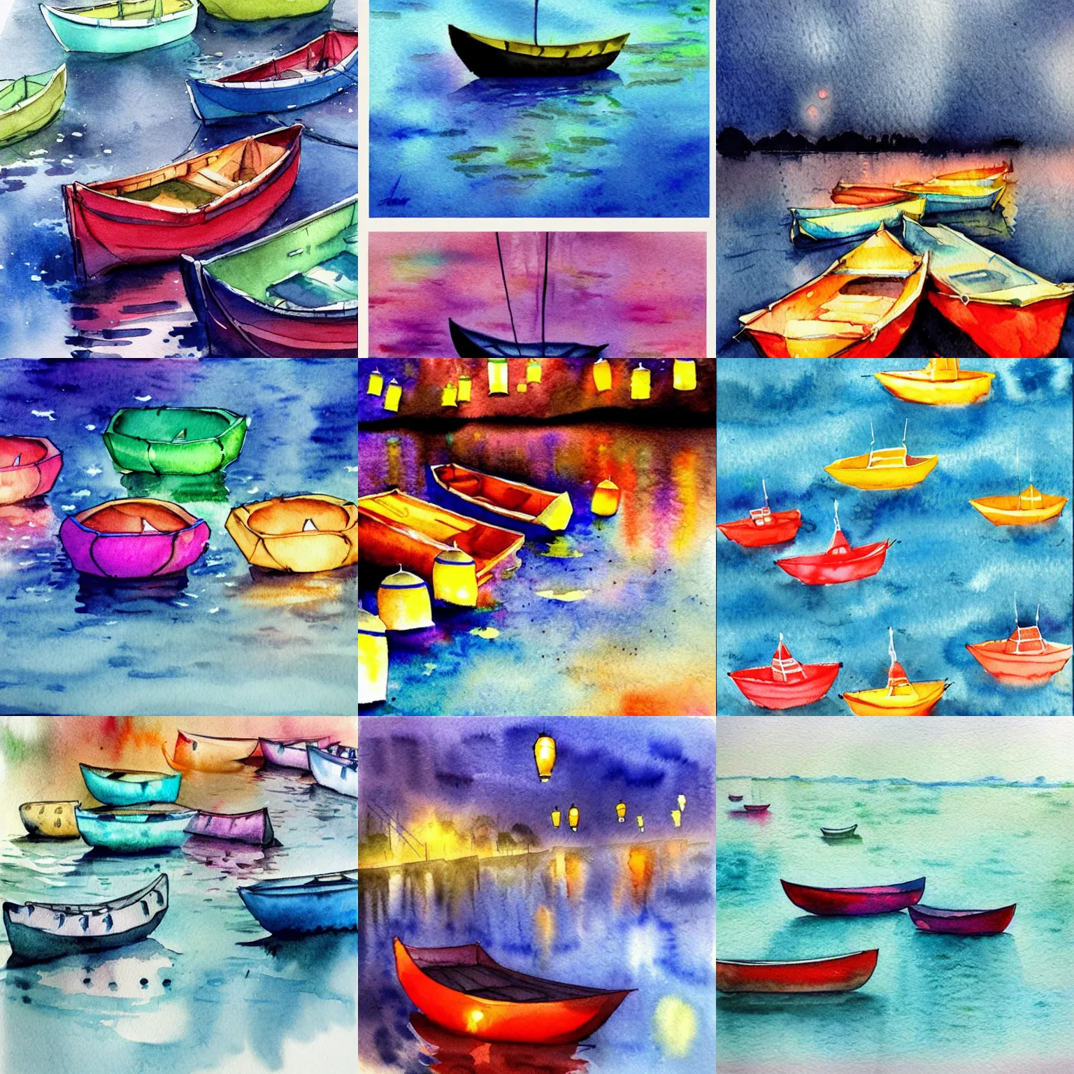 Prompt: lanterns boats in many colors floating down a river at night, beautiful watercolor painting trending on artstation
