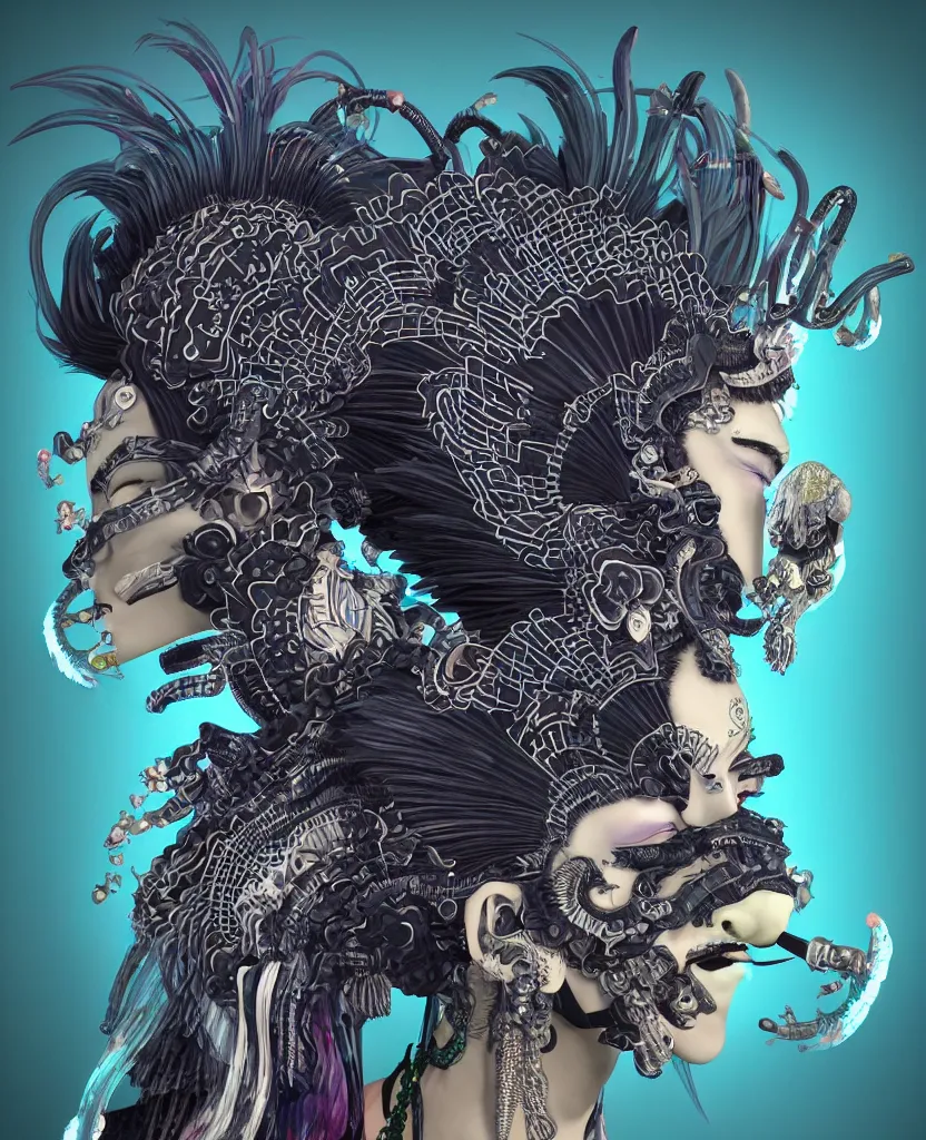 Image similar to 3 d goddess close - up profile portrait punk with mohawk with ram skull. beautiful intricately detailed japanese crow kitsune mask and clasical japanese kimono. betta fish, jellyfish phoenix, bio luminescent, plasma, ice, water, wind, creature, artwork by tooth wu and wlop and beeple and greg rutkowski