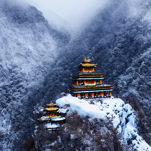 Image similar to snowy peaks, himalayas, buddhist temple, stunning, extraordinary, blizzard, mystical, made in abyss style