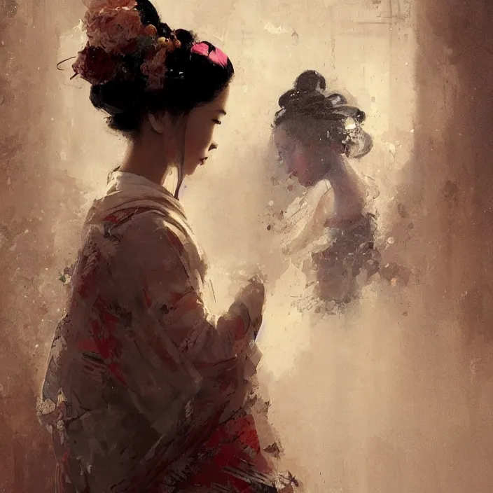 Image similar to female geisha girl, beautiful face, rule of thirds, intricate outfit, spotlight, by greg rutkowski, by jeremy mann, digital painting