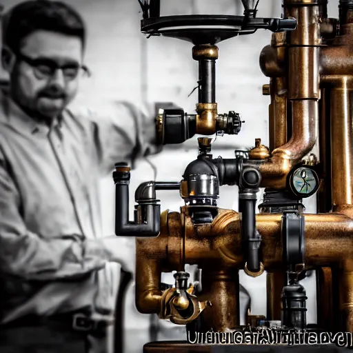 Prompt: A random pointless contraption ((((steampunk)))) industrial appliance pneumatic machine with no apparent purpose, being operated by a scholarly looking man with a clear directed gaze, XF IQ4, f/1.4, ISO 200, 1/160s, 8K, RAW, unedited, symmetrical balance, in-frame