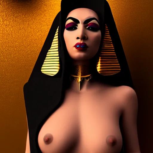 Image similar to demonic egyptian queen, oasis in the background, professional photography, natural light, anatomically correct body, many details, super realistic, high quality, 8 k