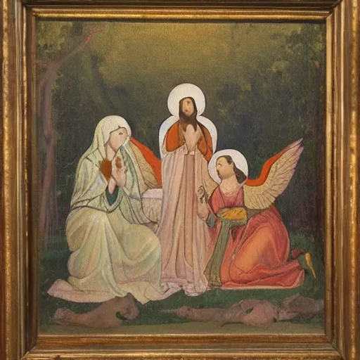 Image similar to religious painting of 3 women at a tomb. two angels in the background