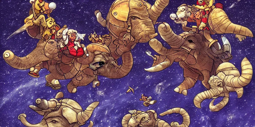 Image similar to the great a'tuin flying through space carrying discworld atop four elephants by kirby
