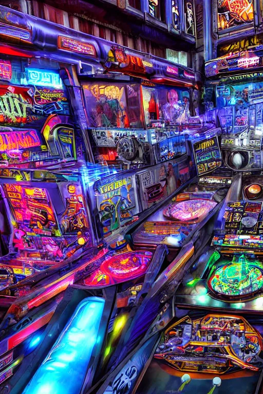 Prompt: pinball poster, theme is cyberpunk city market, tripmachines, realistic digital art, 3 d render of two huge futuristic steampunk generators inside a cyberpunk machine, 8 k, fluorescent colors, halluzinogenic, multicolored, exaggerated detailed, unreal engine