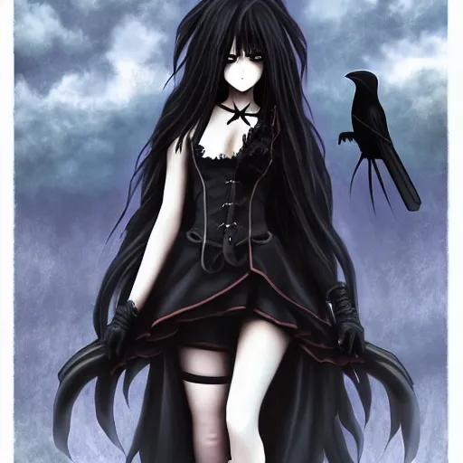 a gothic anime girl and her pet raven raven haunting, Stable Diffusion