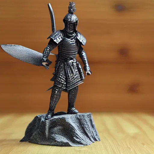 Image similar to 3 d printed fantasy miniature figure warrior on a wooden table photography realistic, detailed