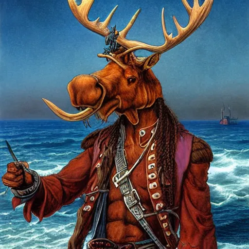 Prompt: anthropomorphic moose pirate humanoid by gerald brom, pirate ship, sea, fantasy