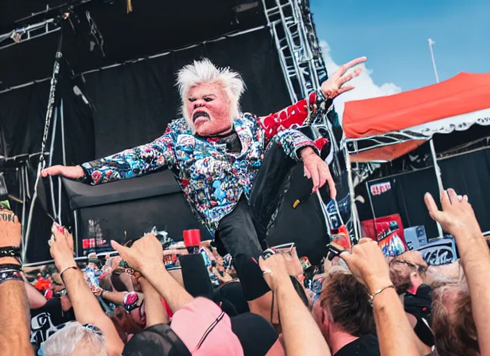 Image similar to photo still of rip taylor at vans warped tour!!!!!!!! at age 6 3 years old 6 3 years of age!!!!!!! stage diving at a crowd, 8 k, 8 5 mm f 1. 8, studio lighting, rim light, right side key light