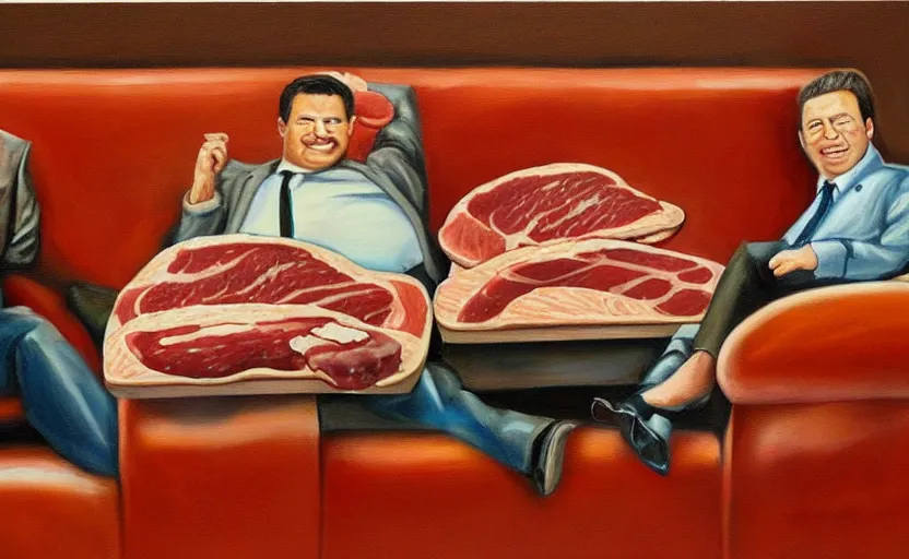 Image similar to realistic painting of couch made out of meat, business men sitting on couch made out of meat and talking, meat couch, meat couch,