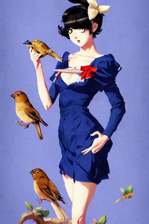 Image similar to anime pinup girl, shes holding an indigo bunting, bird, the bird is wearing a bowtie, by greg rutkowski, rossdraws, gil elvgren, enoch bolles, anime, porcelain skin, very coherent