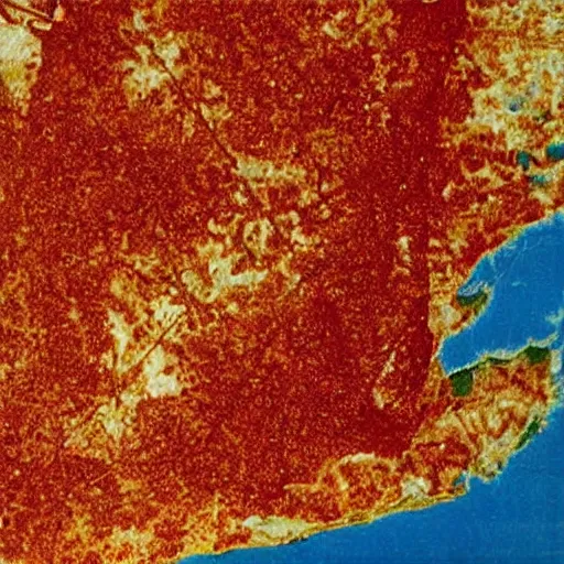 Image similar to a 1967 top secret government satellite photograph of the Great Lakes of the US filled with pizza sauce