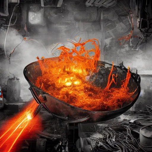 Image similar to fried egg in a red hot frying pan, tangles of metallic cables, dark messy smoke - filled cluttered workshop, dark, dramatic lighting, orange tint, sparks, plasma charges, cinematic, highly detailed, sci - fi, futuristic, movie still