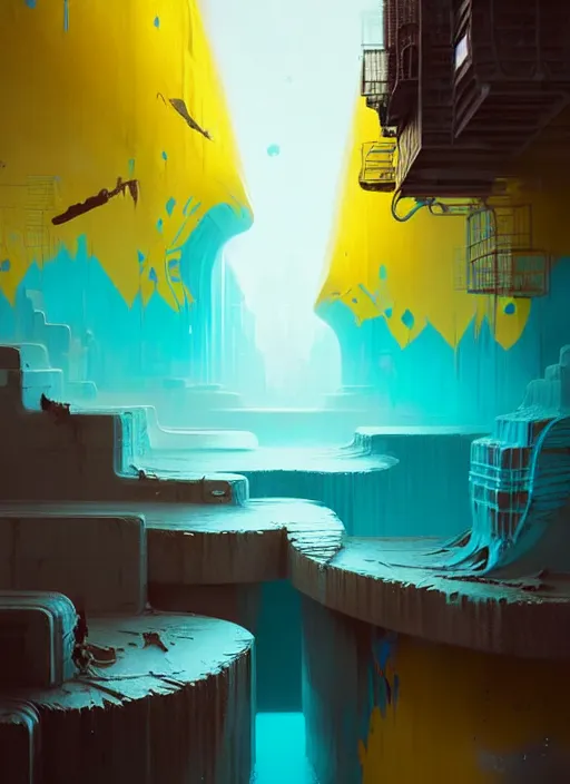 Image similar to matte painting extreme offset 3 d calligraphy graffiti mural dripping paint wall extreme maximalism by atey ghailan, by greg rutkowski, by greg tocchini, by james gilliard, by joe fenton, yellow, brown, black and cyan color scheme, octane render