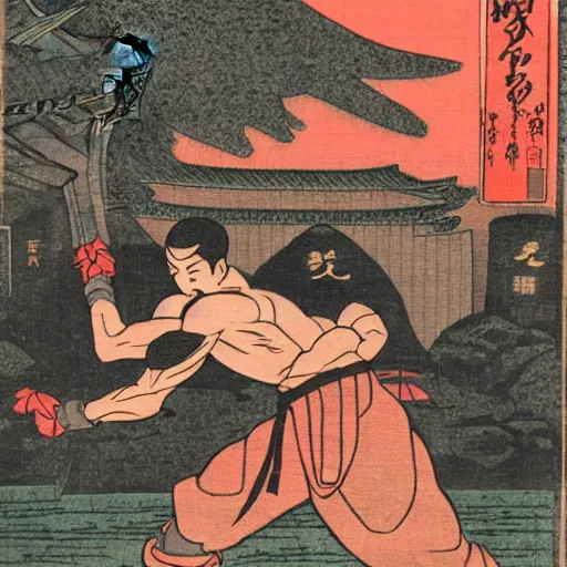 Prompt: a japanese temple, a man is training in it using unarmed combat, the man looks like a mix between aang from avatar : the legend of korra and the male monk from diablo iii, in japanese woodblock print