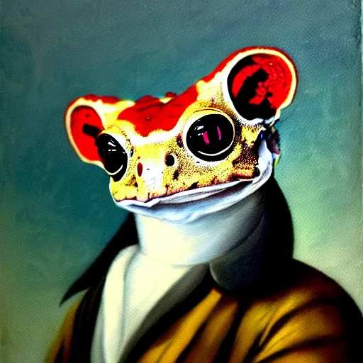 Image similar to a head and shoulders portrait painting of an anthropomorphic! amazon milk frog wearing a colonial outfit without a hat looking off camera, a character portrait, american romanticism, oil on canvas, soft focus
