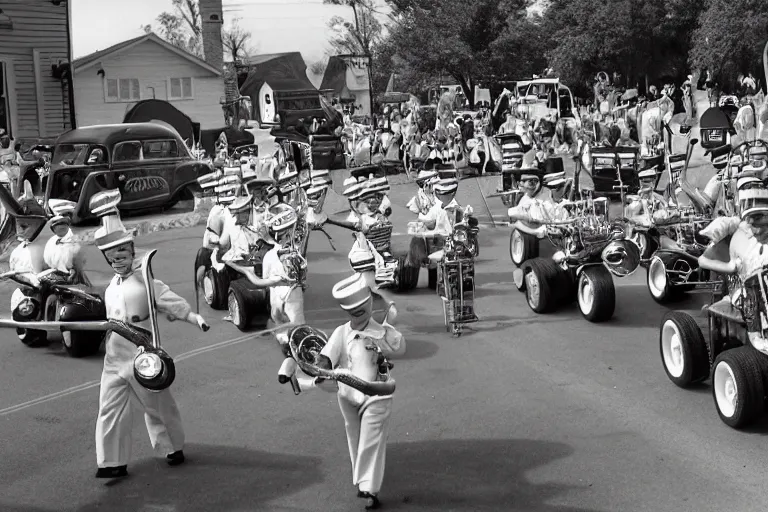 Image similar to a 1955 shriner's parade with people driving hamburger go-carts and a marching band in cat costumes