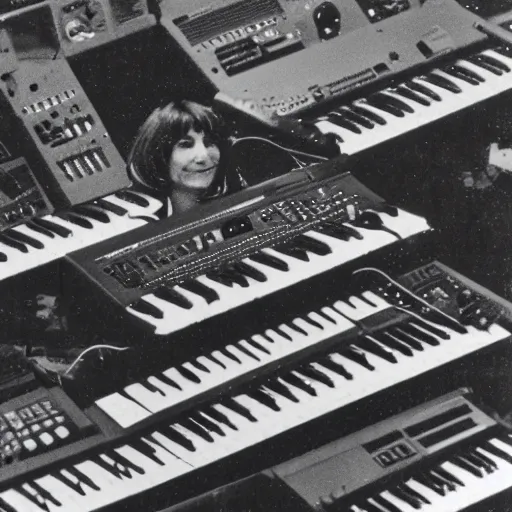 Image similar to Suzanne Ciani swimming in a sea of synthesizers, 35mm film