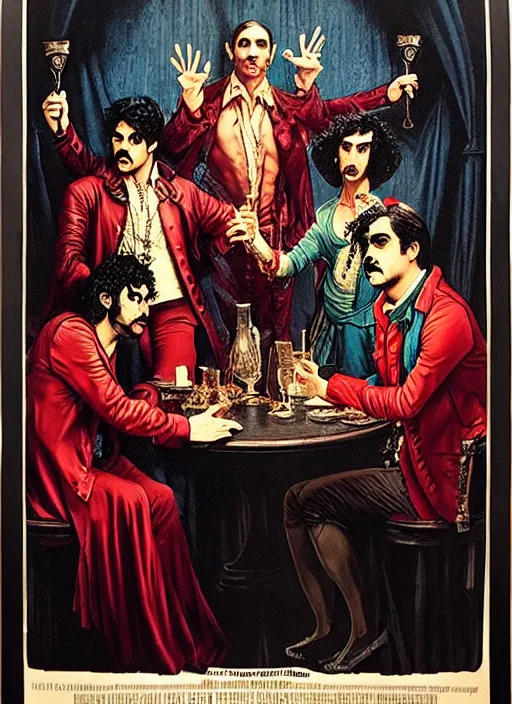 Image similar to old movie poster from 8 0 - s with three vampires from < < what we do in the shadows > > sitting around a table, baroque style art by gustave dore, neon lights in the background, dramatic light