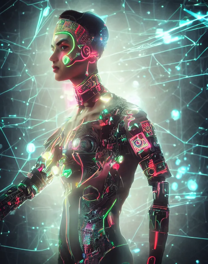 Image similar to full body portrait photo of afghan model cyborg with digital led skin, neon lighting, techno neon projector background, portrait photo, intricate details, ultra realistic, unreal engine 5, depth of field, bokeh, octane render, 8 k hd