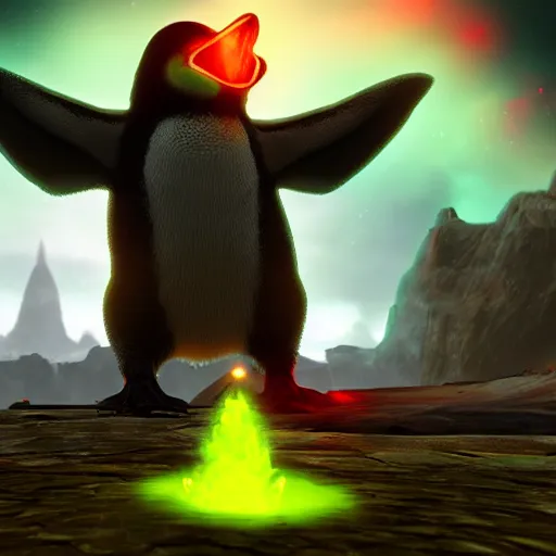 Prompt: penguin with red glowing eyes in front of a green glowing tower in the background, guild wars 2 art style