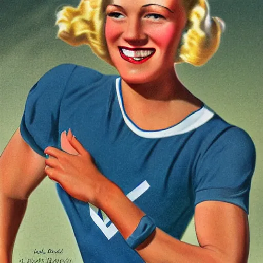 Image similar to a 1 9 3 0 s portrait. happy, healthy, beautiful, smiling, young, sporty, blonde woman in decent athletic wear. hyper - realistic detailed color drawing