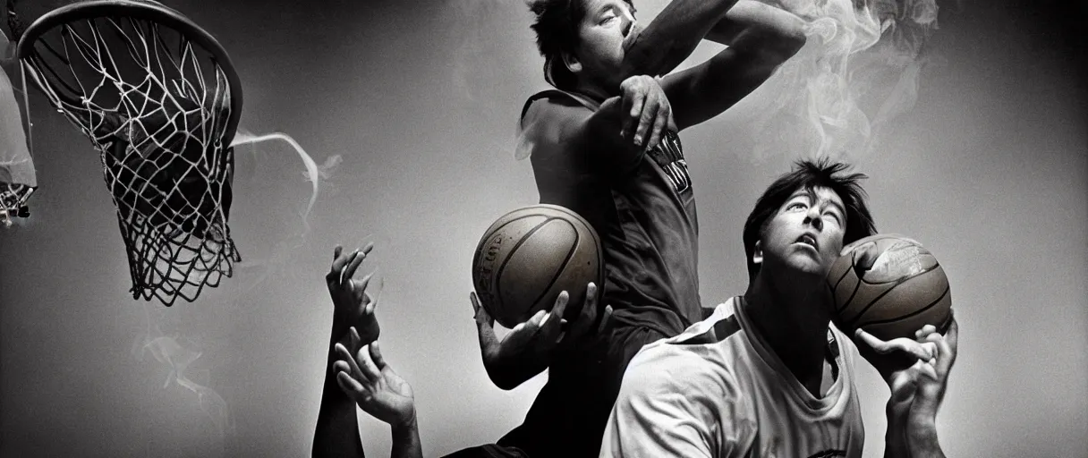 Image similar to award winning photo of bill hicks playing basketball in the hood and smoking weed, vivid colors, happy, symmetrical face, beautiful eyes, studio lighting, wide shot art by Sally Mann & Arnold Newman