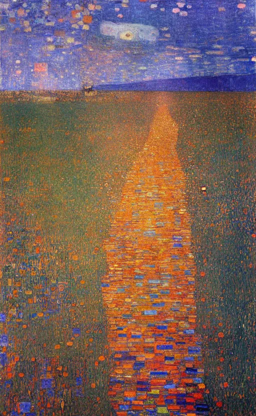 Image similar to paperback book cover by klimt. pure colors, melting clouds, accurately drawn details, a sunburst above a receding road with the light reflected in furrows and ruts, after rain. photorealistic. cinematic. trending on artstation. textless.