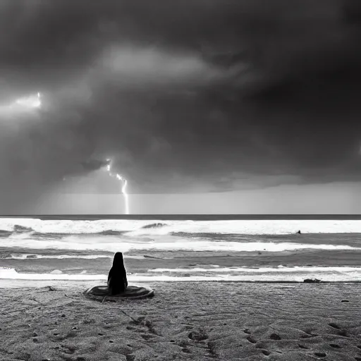 Image similar to a highly detailed black and white matte painting of a large cross standing on the beach as a storm comes in with the tide, woman sitting in the sand watching the ocean, epic fantasy, god rays, rocky beach, ultrawide lense, aerial photography, unreal engine, exquisite detail, 8 k, art by albert bierstadt and greg rutkowski and alphonse mucha