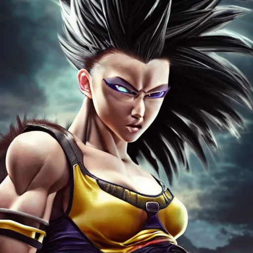 Image similar to warrior girl, muscular girl, wild spiky black saiyan hair, long spiky hair, electrified hair, insane hair, electrical aura, high voltage, ultra realistic, intricate details, highly detailed, subsurface scattering, photorealistic, octane render, 8 k, art by artgerm, greg rutkowski, magali villeneuve, alphonse mucha