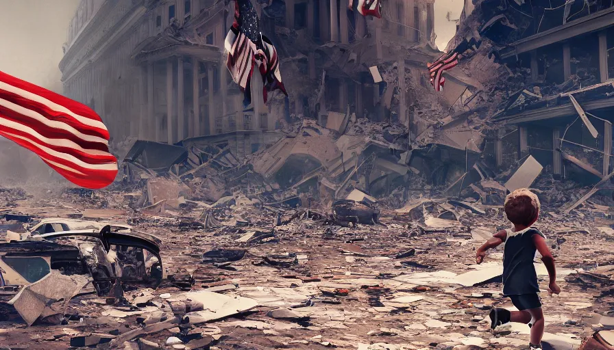 Prompt: child flying a torn american flag while running through streets of destroyed washington dc, collapsed buildings with debris and dust, hyperdetailed, artstation, cgsociety, 8 k