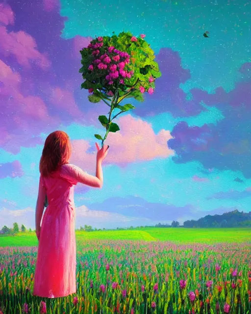 Image similar to girl with giant flower as a face and flower dress, standing in a flower field hills, big trees, sunrise dramatic light, impressionist painting, colorful clouds, digital painting, pointillism, artstation, simon stalenhag