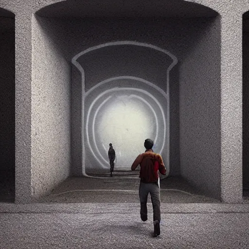 Image similar to a man walking into the portal, concept art, illustration, highly detailed, artwork, cinematic, hyper realistic, art station