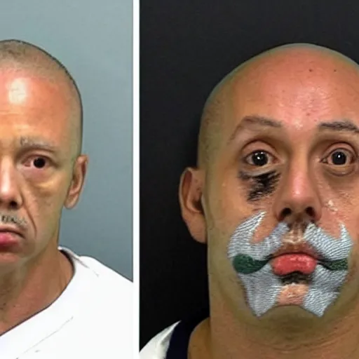 Image similar to inmate body with chicken face, mugshot in a police station