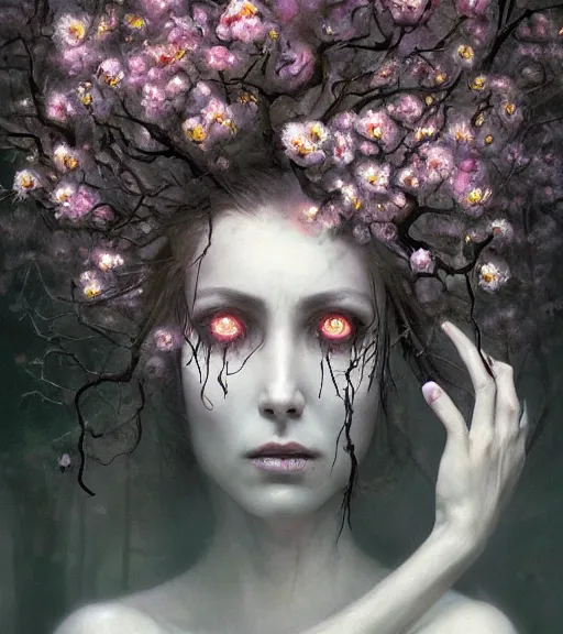 Prompt: a beautiful terrifying female monster portrait black eyes twisted trees, crying tears, bloom made of flowers. ethereal horror fantasy art by greg rutkowski and raymond swanland and monet concept art by ryohei hase, cgsociety, process art, rococo, bioluminescence, biomorphic