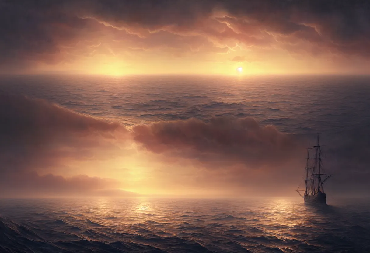 Image similar to strange sea surface of autumn planet at sunset, sailing ship on horizon, ultra high definition, ultra detailed, symmetry, fog, matte painting, by greg rutkowski and ross tran and wlop