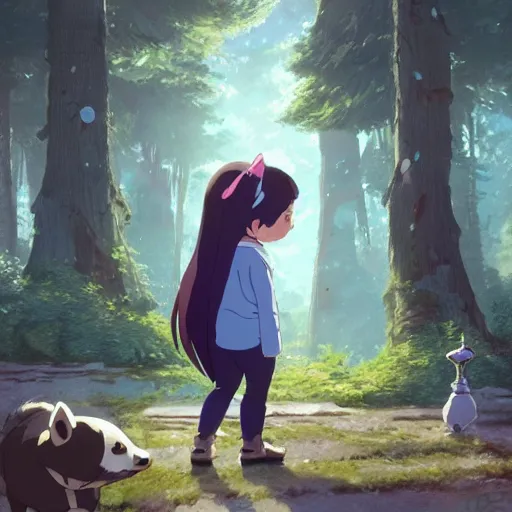 Image similar to a wholesome animation key shot of a girl with long dark blue hair and a raccoon tail, medium shot, studio ghibli, pixar and disney animation, sharp, rendered in unreal engine 5, anime key art by greg rutkowski, bloom, dramatic lighting, trending on artstation