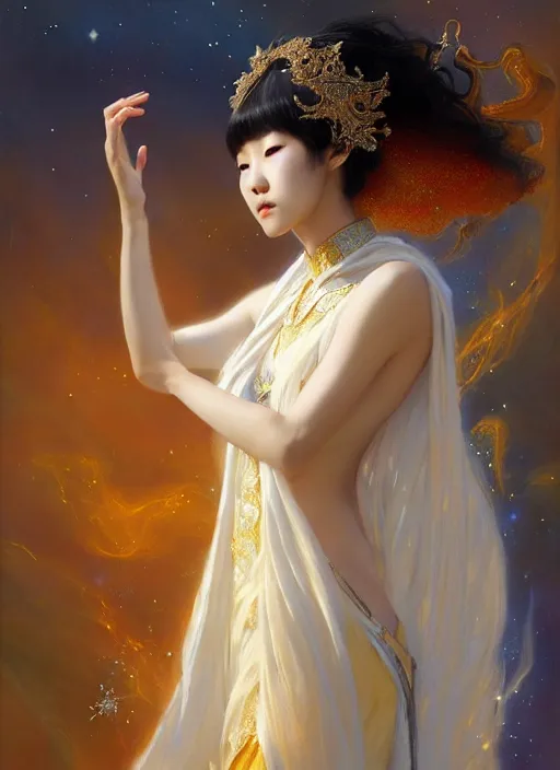 Prompt: young korean woman, goddess of starlight, long flowing hair, modest flowing gown, smug expression, highly detailed painting by gaston bussiere, craig mullins, j. c. leyendecker 8 k, sparkling nebula