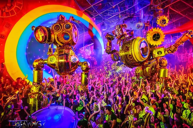 Prompt: scene is elrow party in privilege in ibiza, portrait photo of a giant huge golden and blue metal steampunk robot, with gears and tubes, eyes are glowing red lightbulbs, shiny crisp finish, 3 d render, 8 k, insaneley detailed, fluorescent colors, haluzinogetic, background is multicolored lasershow