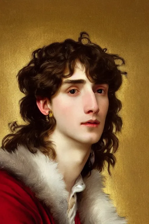 Image similar to close - up portrait of young man, reddish wavy hair, with a pearl earring, dressed in a rich furcoat!!!, beautiful, cinematic lighting, highly detailed, digital art, oil painting, highly detailed, sharp focus, matte painting, renaissance painting, by orest kiprensky, by alphonse mucha, by leyendecker, by rutkowsky,