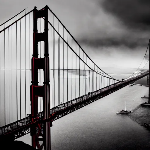 Image similar to Golden gate bridge,it is raining, night time , peaceful atmosphere, moody lighting , digital art , highly detailed , high contrast, beautiful lighting, award winning , trending on art station, photorealistic, 8k