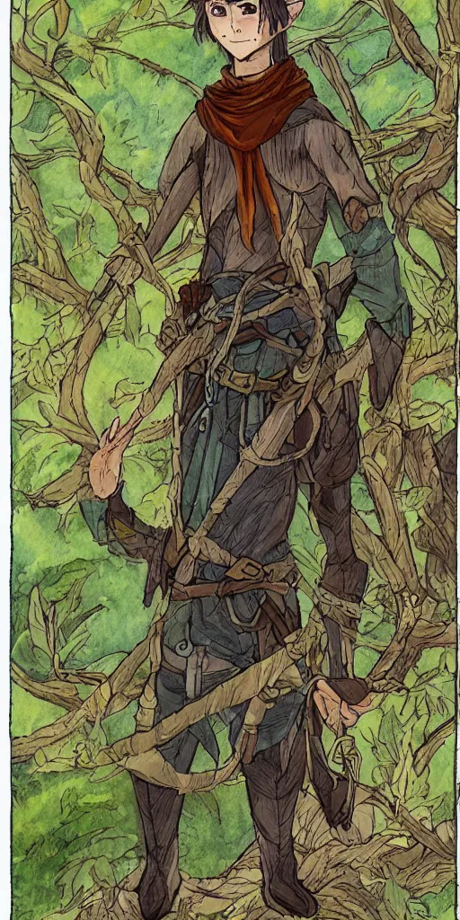 Prompt: an wood elf boy getting ready for an high fantasy adventure on the mountain side, anime style, tarot card, Tarot card the fool, fine line work, psychedelic, full color, earth tones