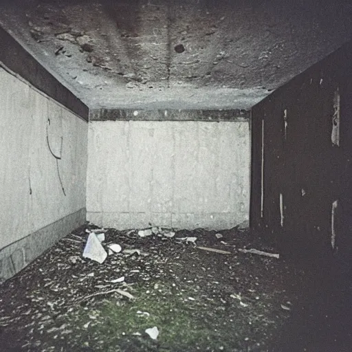 Prompt: Photograph of an abandoned 1940s bunker with the grudge crawling around, dark, no lights, moist, taken using a film camera with 35mm expired film, bright camera flash enabled, award winning photograph, creepy, liminal space
