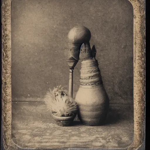 Image similar to Tintype photography of exotic objects, magic objects, ethnographic museum, indigenous, salvaje, nature and culture, 1920s studio lighting.